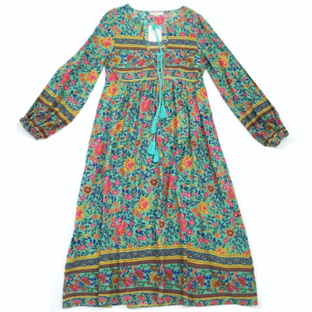 Folk Town Boho Turquoise Maxi DRESS Floral Cotton - Picture 6 of 7